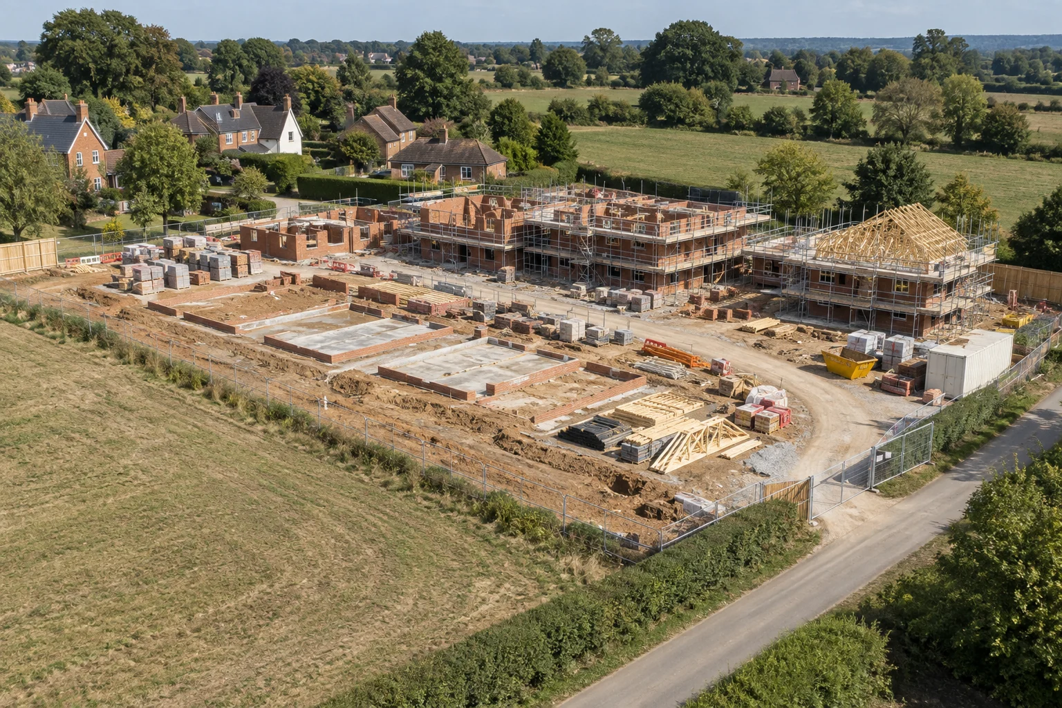 Aerial view of a building site and visible construction progress