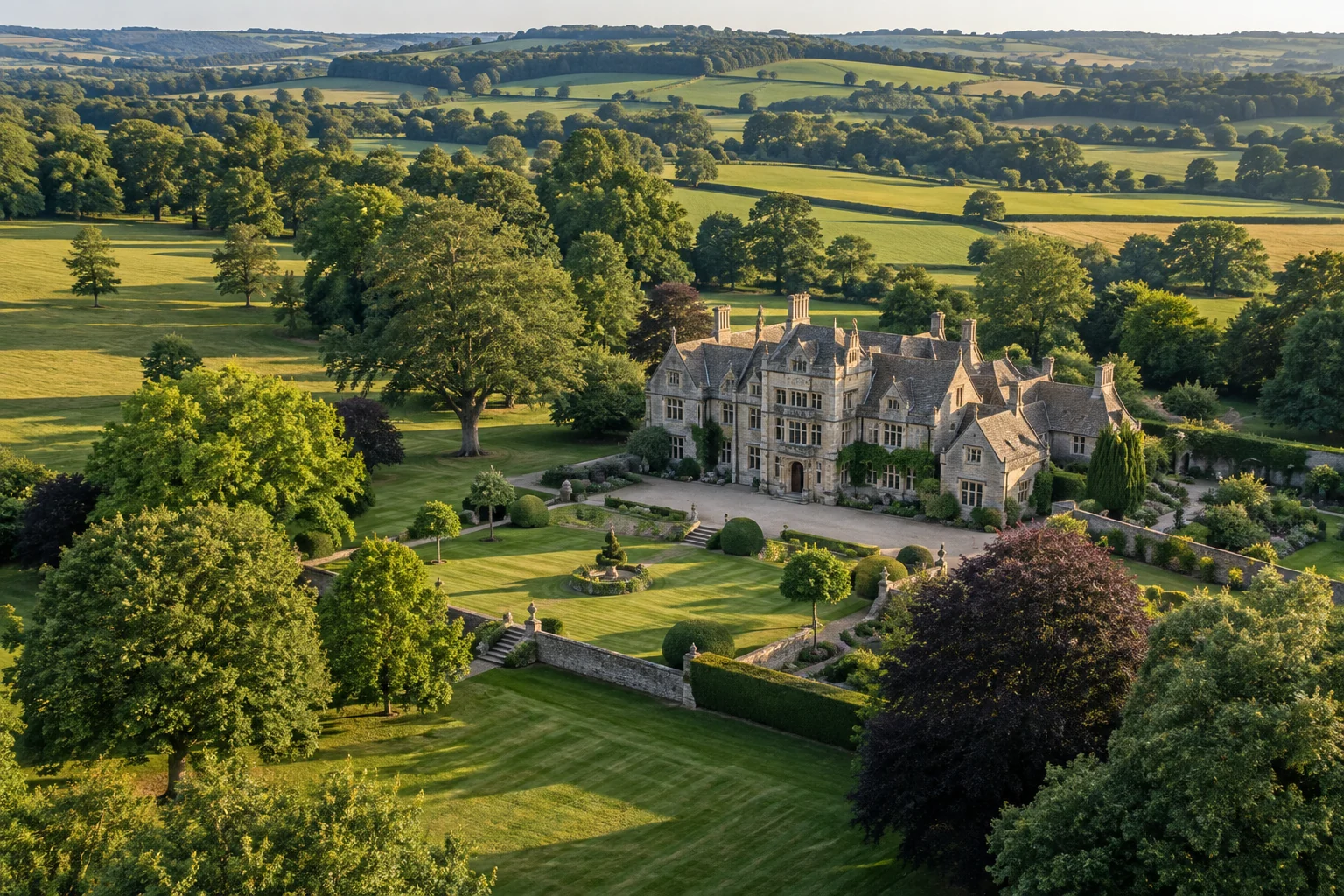 Country manor and gardens seen from above