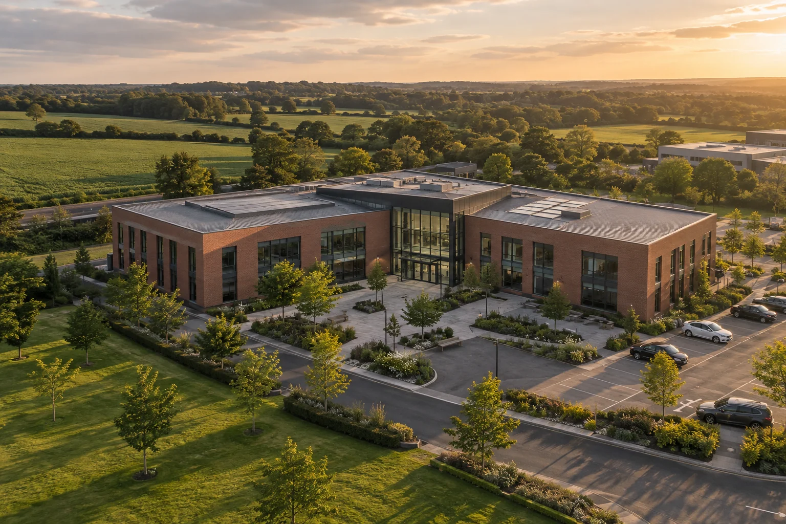 Commercial premises and landscaped grounds seen from above