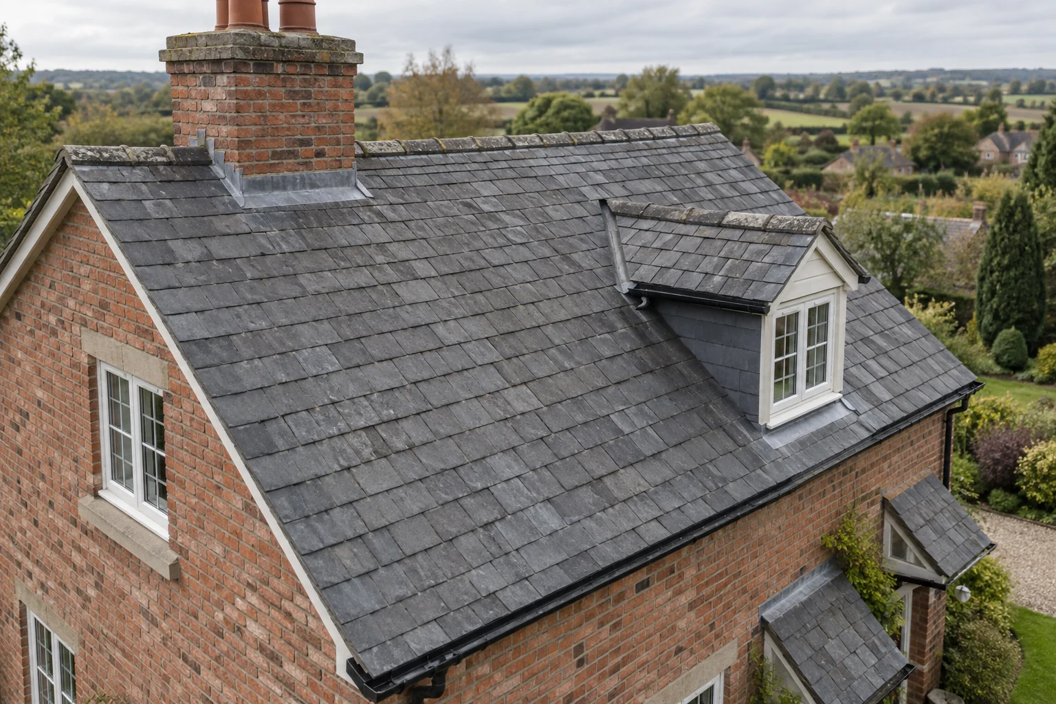 Elevated view of a tiled roof, chimney and gutters