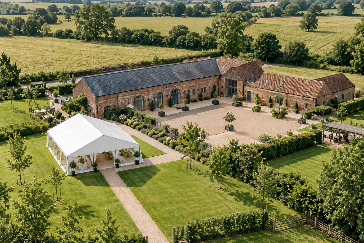 Countryside barn venue, courtyard and marquee