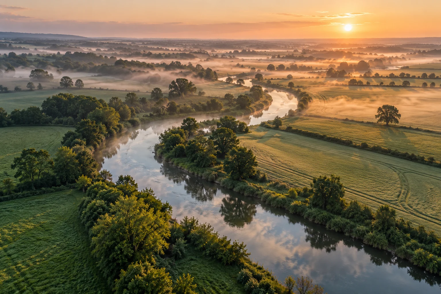Winding river through farmland in soft morning light